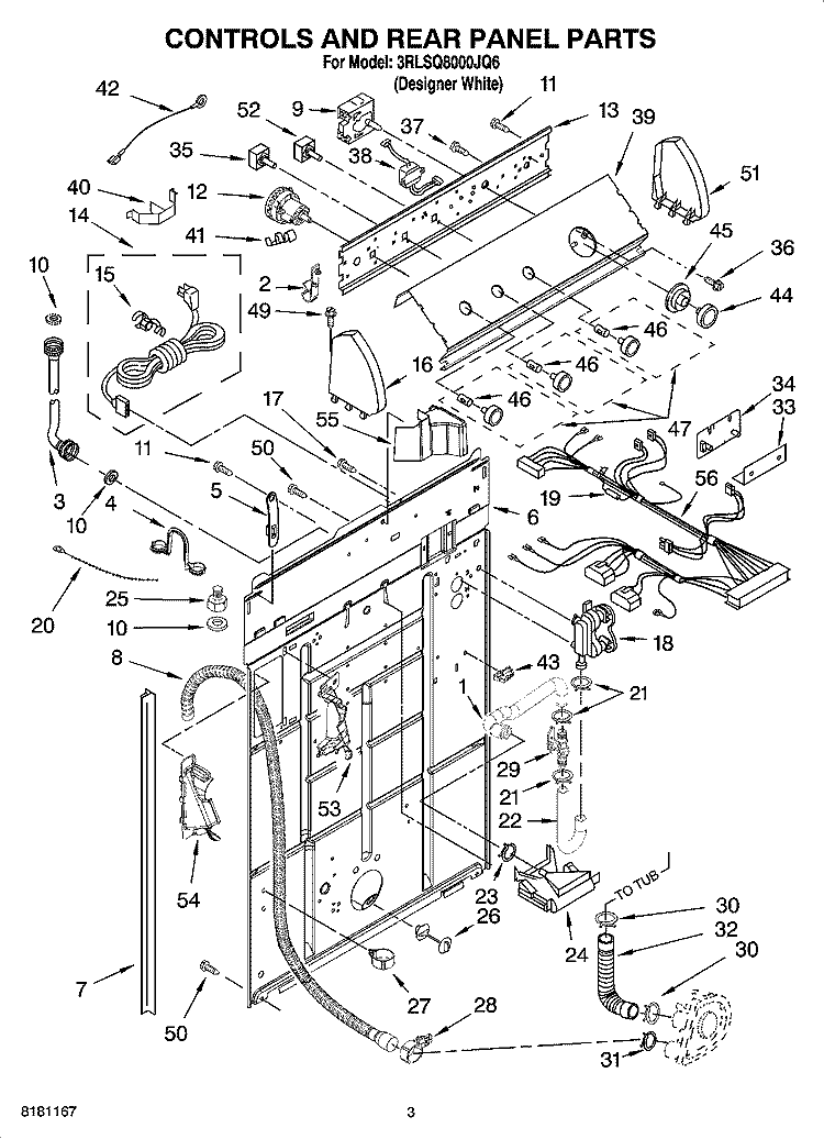 CONTROLS AND REAR PANEL PARTS Diagram and Parts List for 3RLSQ8000JQ6  Whirlpool Washer