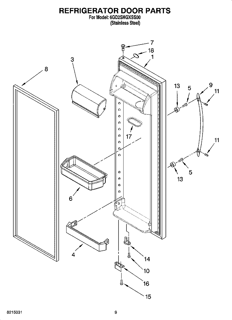 REFRIGERATOR DOOR PARTS Diagram and Parts List for 6GD2SHGXSS00  Whirlpool Refrigerator