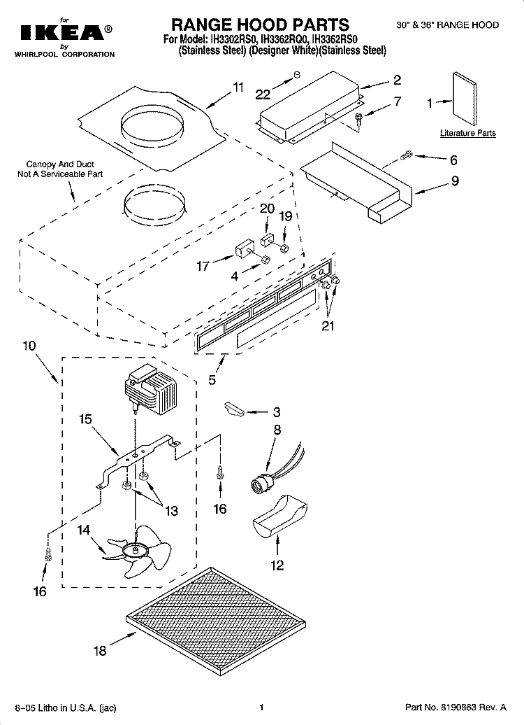 RANGE HOOD PARTS Diagram and Parts List for IH3362RS0  Whirlpool Range Hood