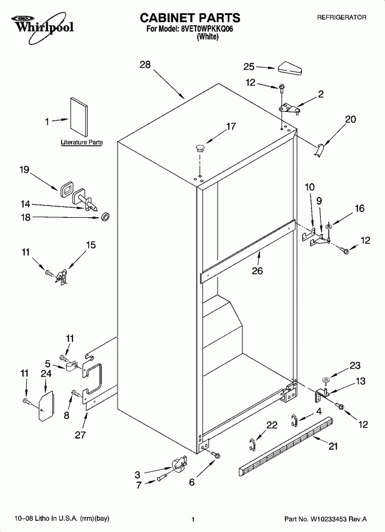 CABINET PARTS Diagram and Parts List for 8VET0WPKKQ06  Whirlpool Refrigerator