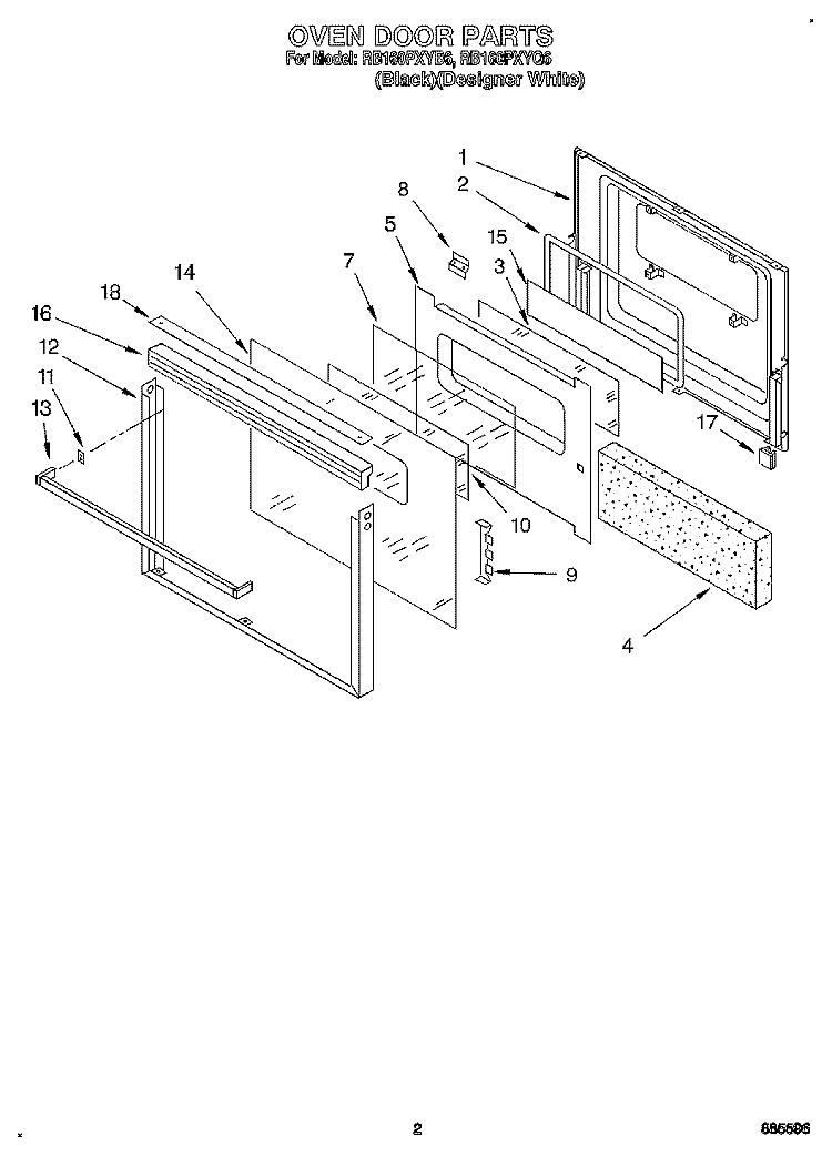 OVEN DOOR Diagram and Parts List for RB160PXYB6  Whirlpool Wall Oven