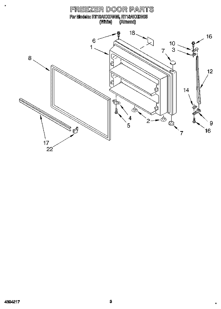 FREEZER DOOR Diagram and Parts List for RT18AKXDN05  Roper Refrigerator
