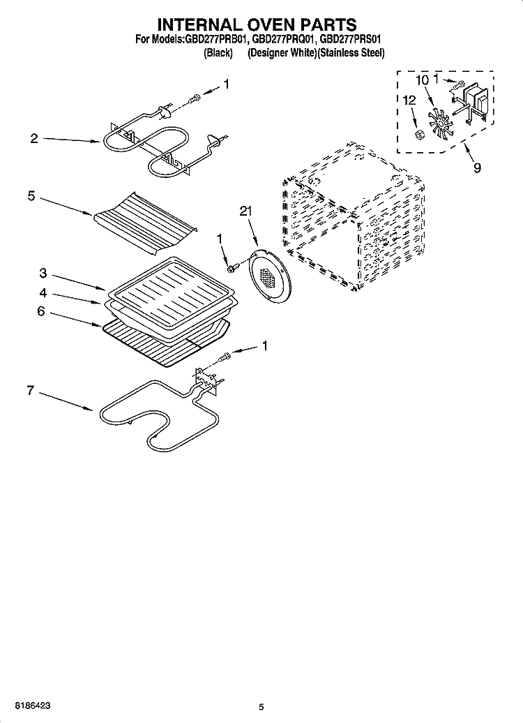 INTERNAL OVEN PARTS Diagram and Parts List for GBD277PRB01  Whirlpool Wall Oven
