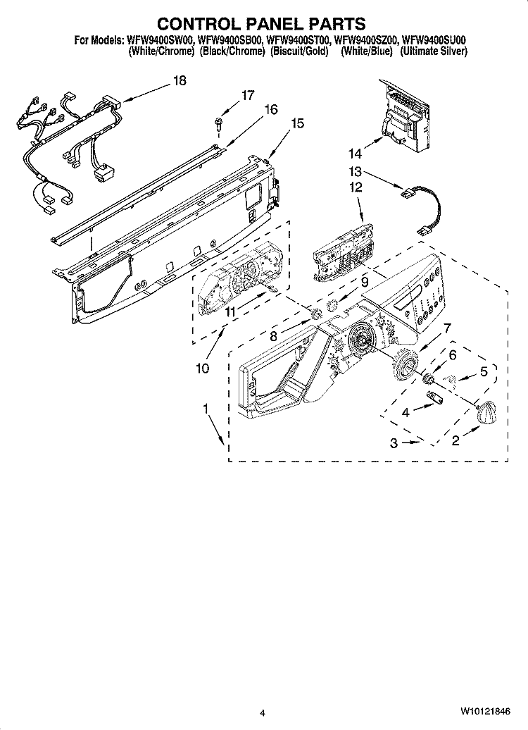 CONTROL PANEL PARTS Diagram and Parts List for WFW9400SB00  Whirlpool Washer