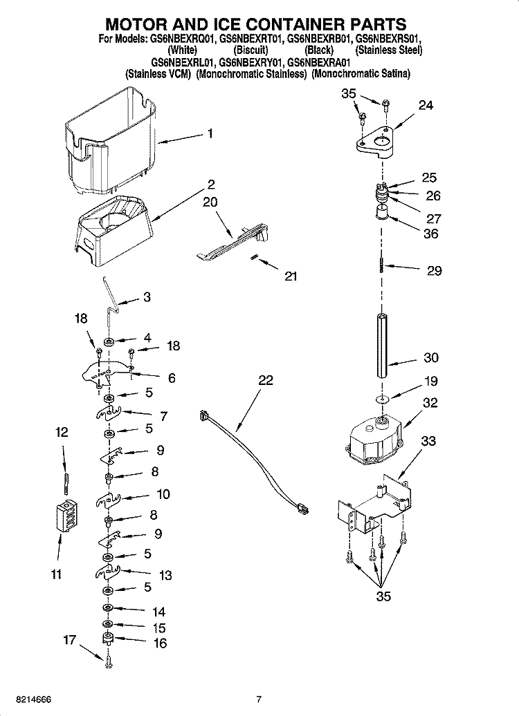 MOTOR AND ICE CONTAINER PARTS Diagram and Parts List for GS6NBEXRT01  Whirlpool Refrigerator