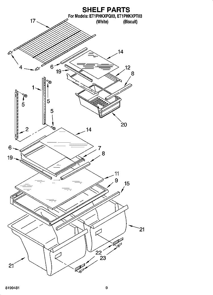 SHELF PARTS, OPTIONAL PARTS Diagram and Parts List for ET1PHKXPQ03  Whirlpool Refrigerator