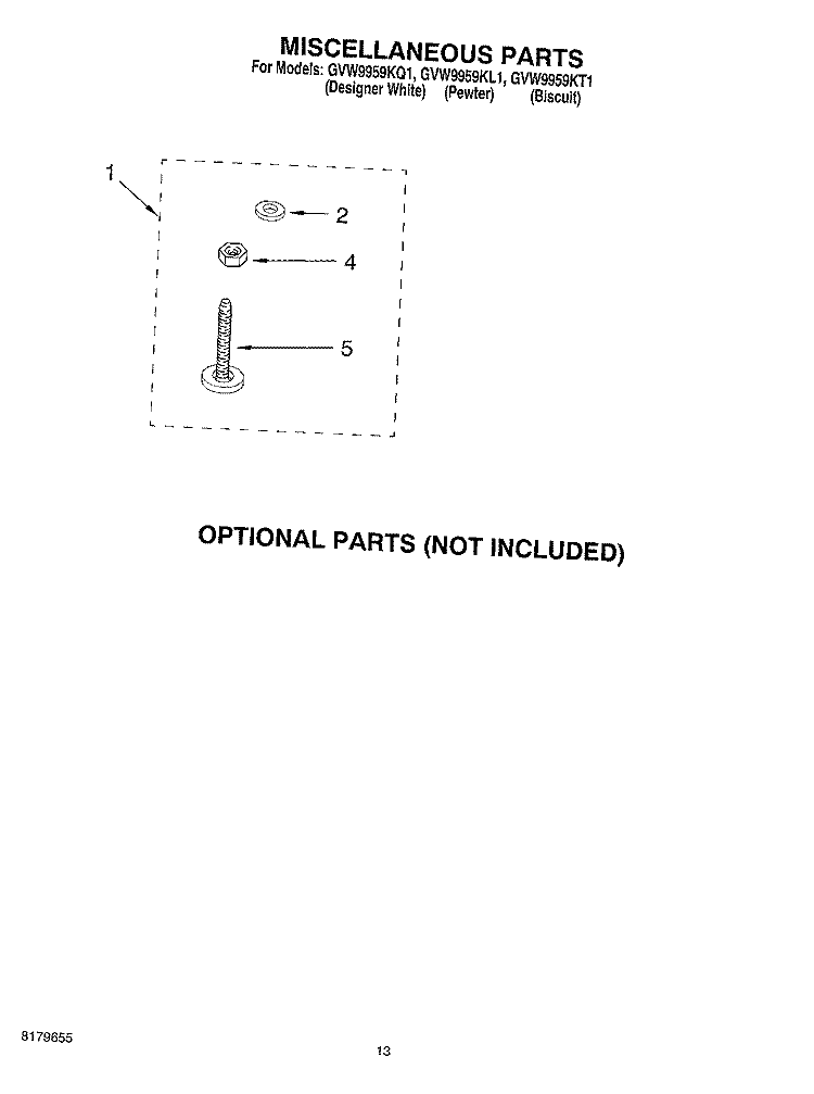 MISCELLANEOUS, OPTIONAL Diagram and Parts List for GVW9959KT1  Whirlpool Washer