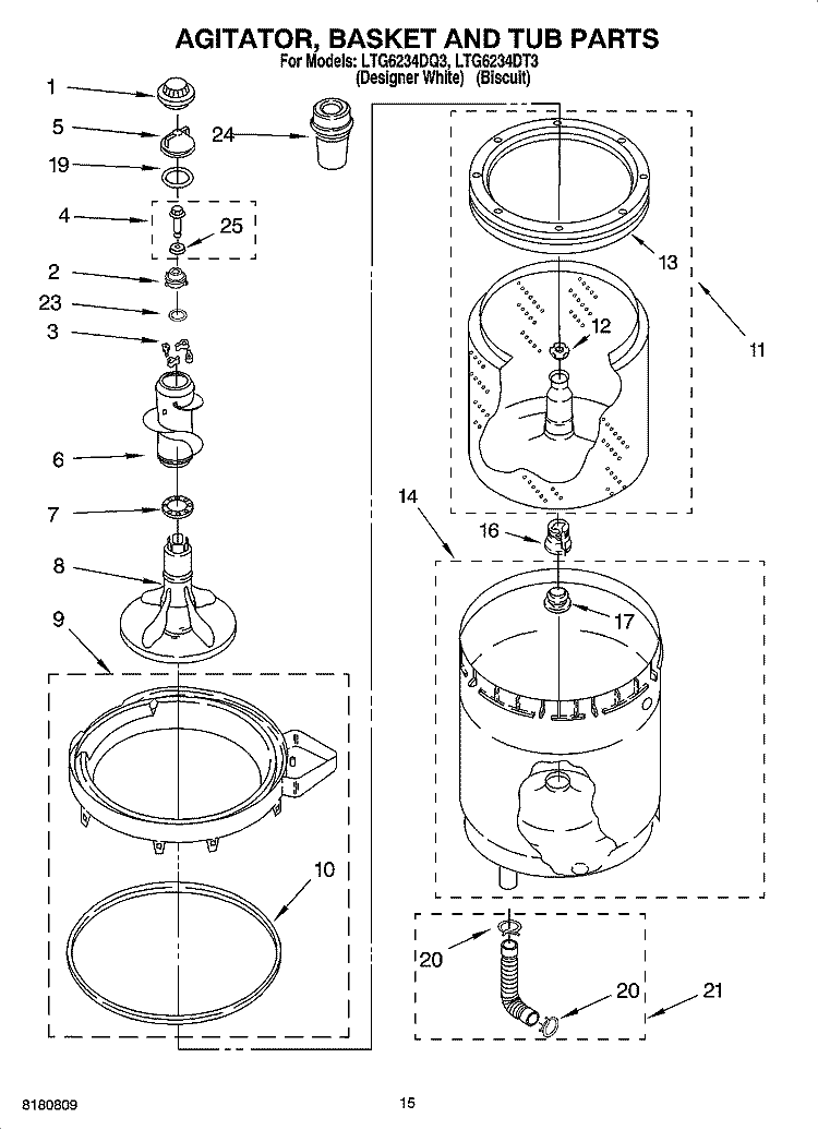 AGITATOR, BASKET AND TUB PARTS Diagram and Parts List for LTG6234DQ3  Whirlpool Washer Dryer Combo