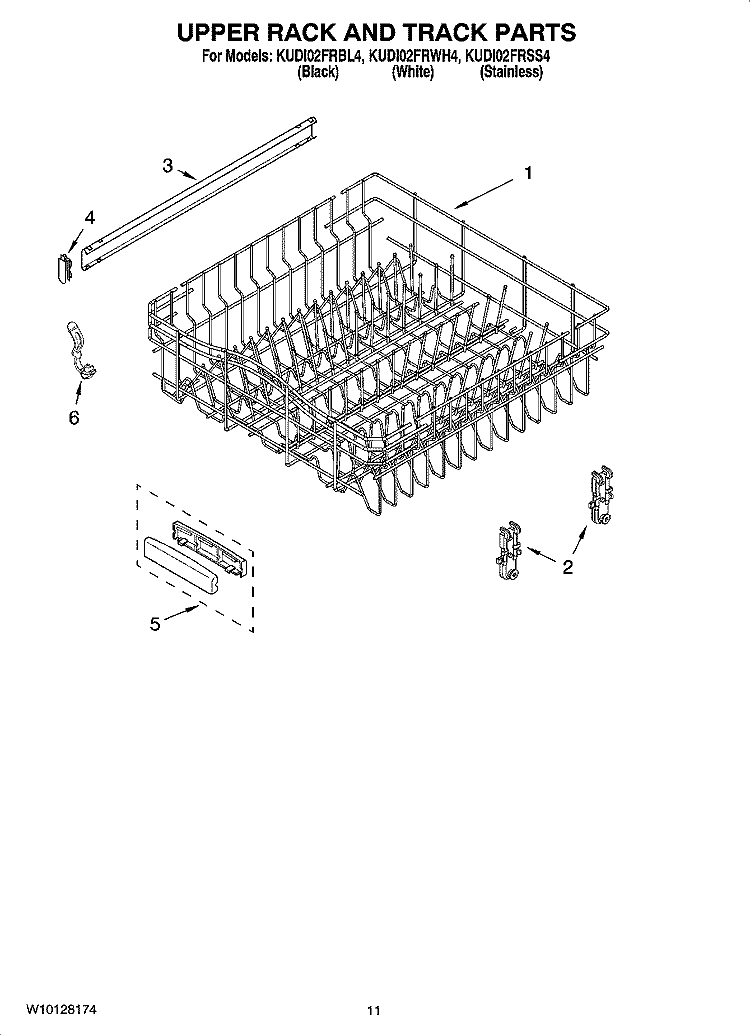 UPPER RACK AND TRACK PARTS Diagram and Parts List for KUDI02FRWH4  KitchenAid Dishwasher