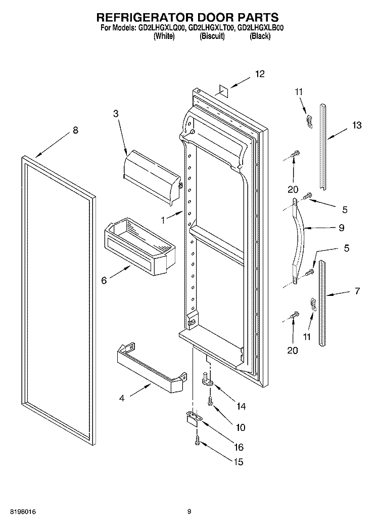 REFRIGERATOR DOOR Diagram and Parts List for GD2LHGXLT00  Whirlpool Refrigerator