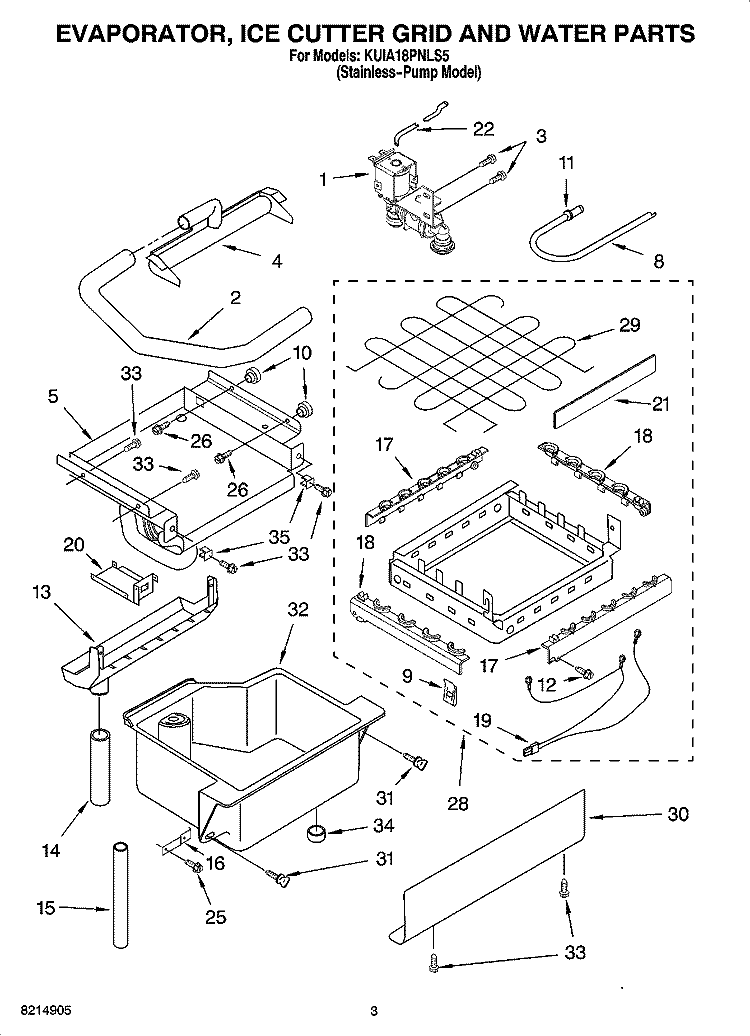 EVAPORATOR, ICE CUTTER GRID AND WATER PARTS Diagram and Parts List for KUIA18PNLS5  KitchenAid Ice Maker
