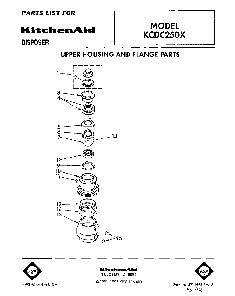 SECTION Diagram and Parts List for KCBC250X  KitchenAid Food Waste Disposer