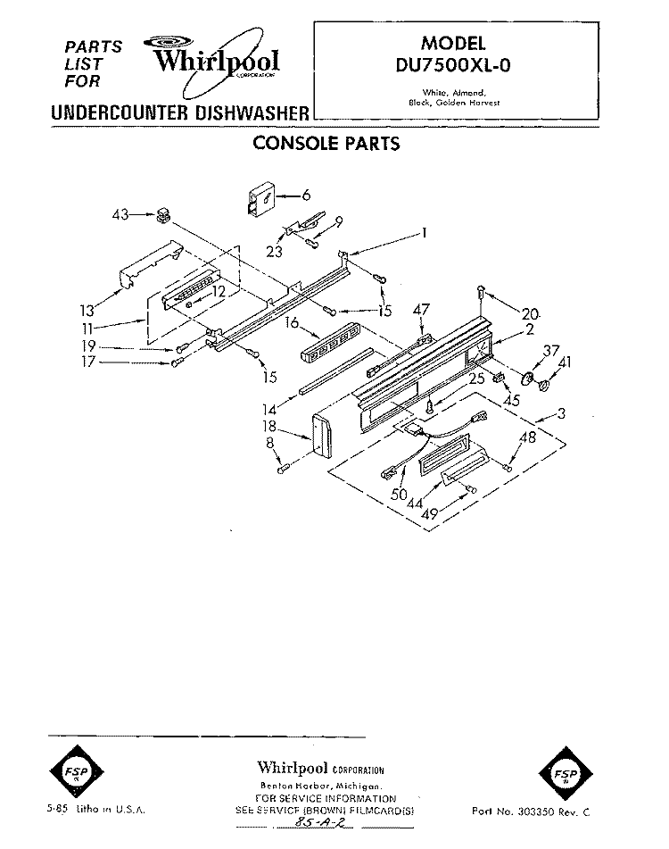 CONSOLE Diagram and Parts List for DU7500XL0  Whirlpool Dishwasher