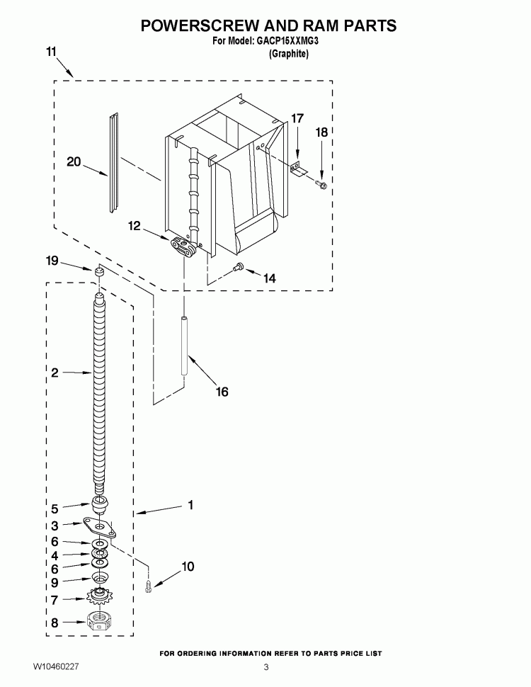 POWERSCREW AND RAM PARTS Diagram and Parts List for GACP15XXMG3  Whirlpool Trash Compactor