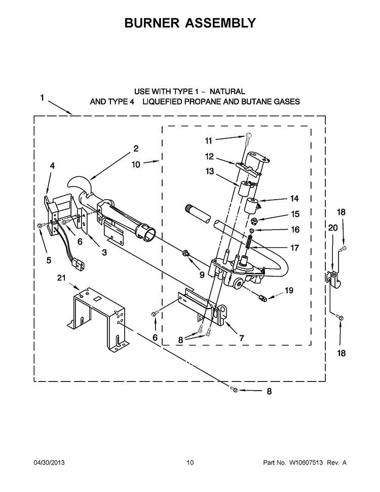 BURNER ASSEMBLY Diagram and Parts List for 7MWGD5700BC0  Whirlpool Dryer