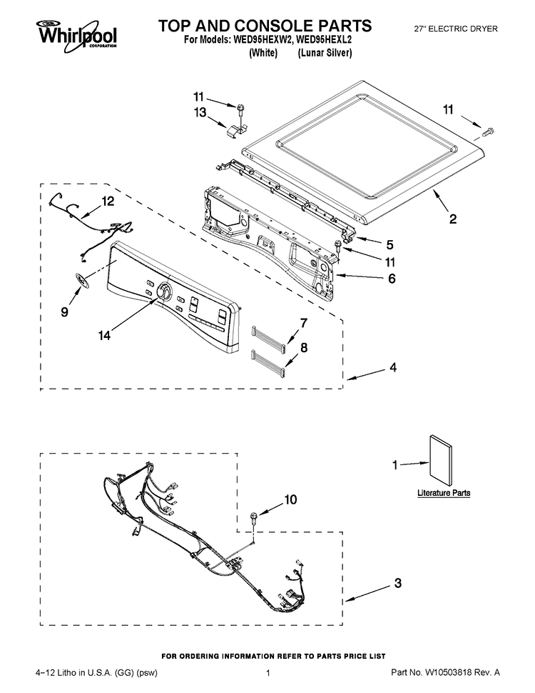 TOP AND CONSOLE PARTS Diagram and Parts List for WED95HEXW2  Whirlpool Dryer