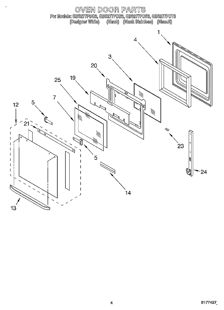 OVEN DOOR Diagram and Parts List for GBS277PDB3  Whirlpool Wall Oven