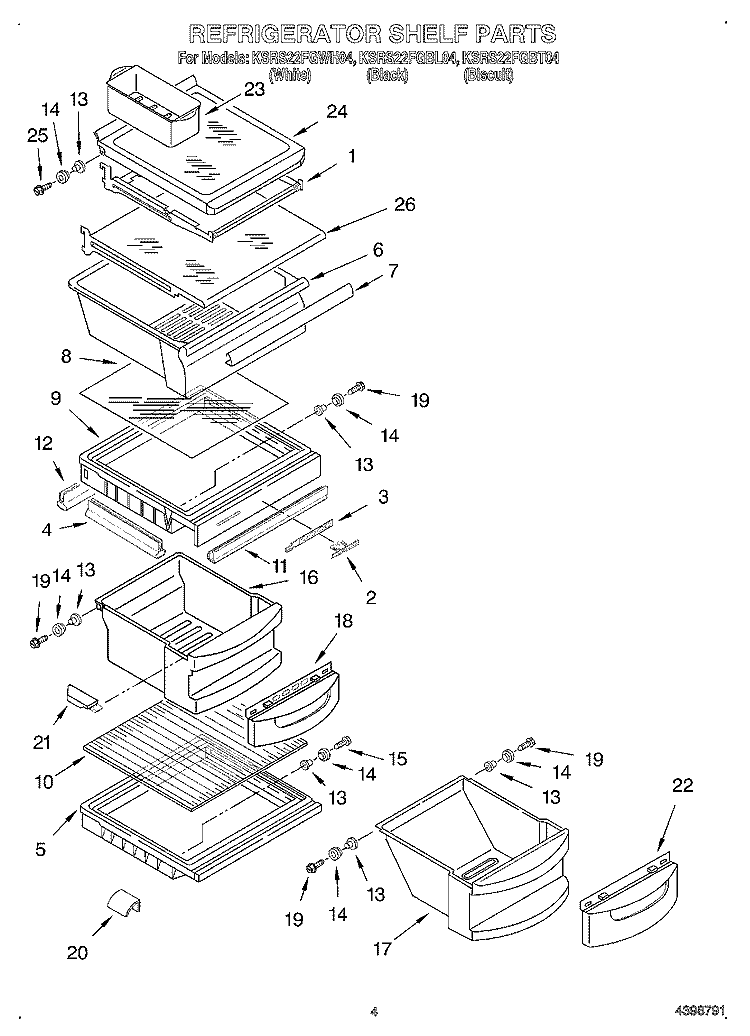 REFRIGERATOR SHELF Diagram and Parts List for KSRS22FGBT04  KitchenAid Refrigerator