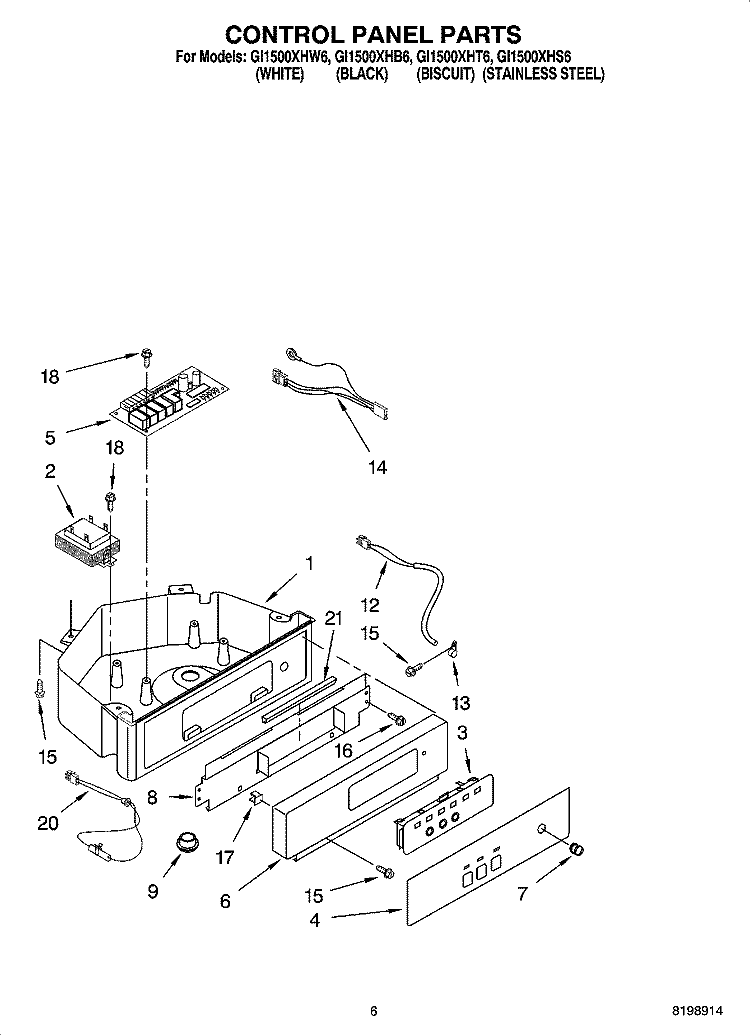 CONTROL PANEL PARTS Diagram and Parts List for GI1500XHB6  Whirlpool Ice Maker