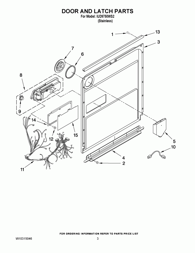 DOOR AND LATCH PARTS Diagram and Parts List for IUD9750WS2  Whirlpool Dishwasher