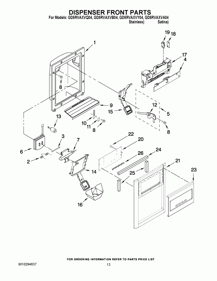 DISPENSER FRONT PARTS Diagram and Parts List for GD5RVAXVQ04  Whirlpool Refrigerator