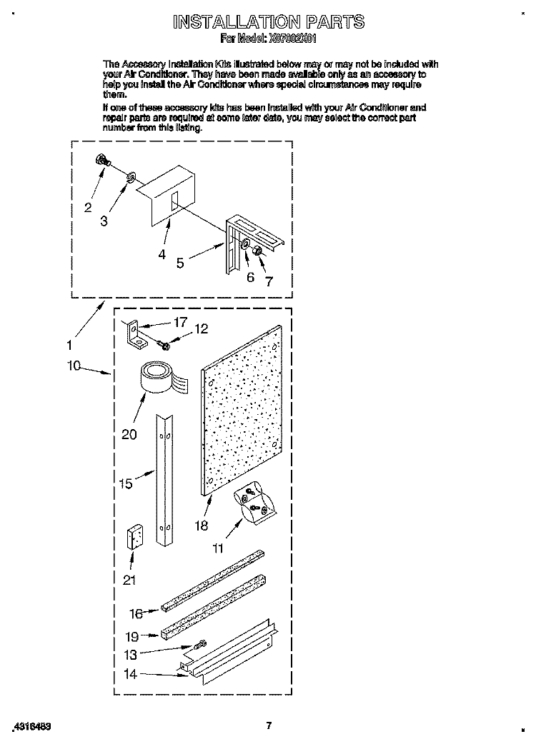 INSTALLATION Diagram and Parts List for X07002X01  Roper Air Conditioner