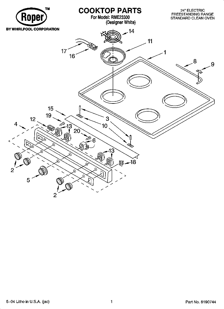 COOKTOP PARTS Diagram and Parts List for RME23300  Roper Range