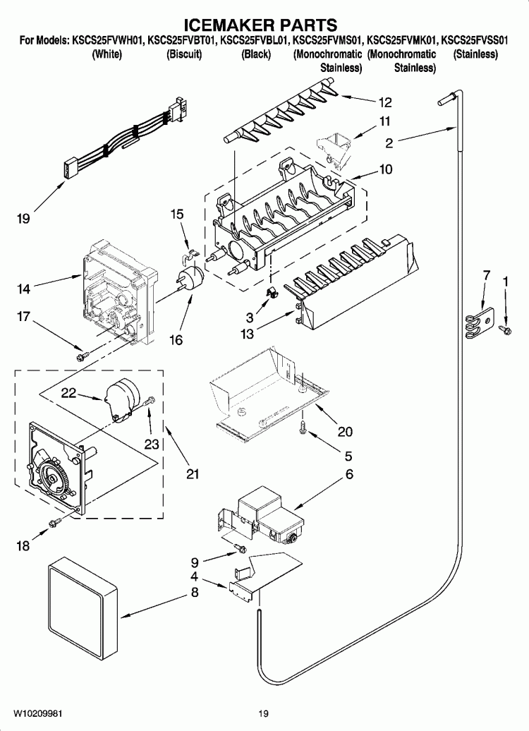 ICEMAKER PARTS, OPTIONAL PARTS (NOT INCLUDED) Diagram and Parts List for KSCS25FVBT01  KitchenAid Refrigerator