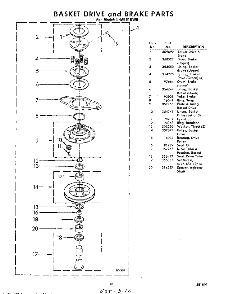 BASKET DRIVE AND BRAKE Diagram and Parts List for LHA5810W0  Whirlpool Washer