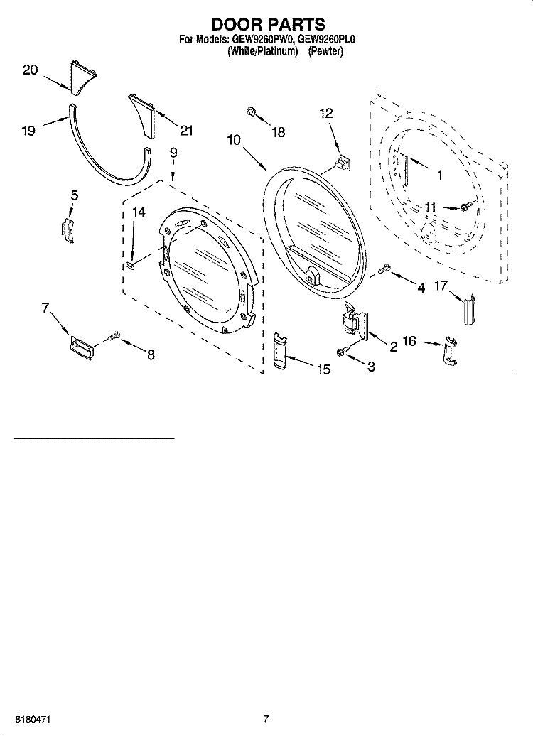 DOOR PARTS Diagram and Parts List for GEW9260PW0  Whirlpool Dryer