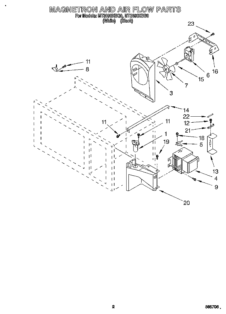 MAGNETRON AND AIR FLOW, LITERATURE Diagram and Parts List for MT3090XBQ0  Whirlpool Microwave