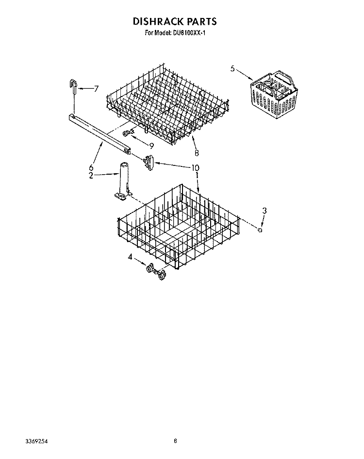 DISHRACK Diagram and Parts List for DU8100XX1  Whirlpool Dishwasher
