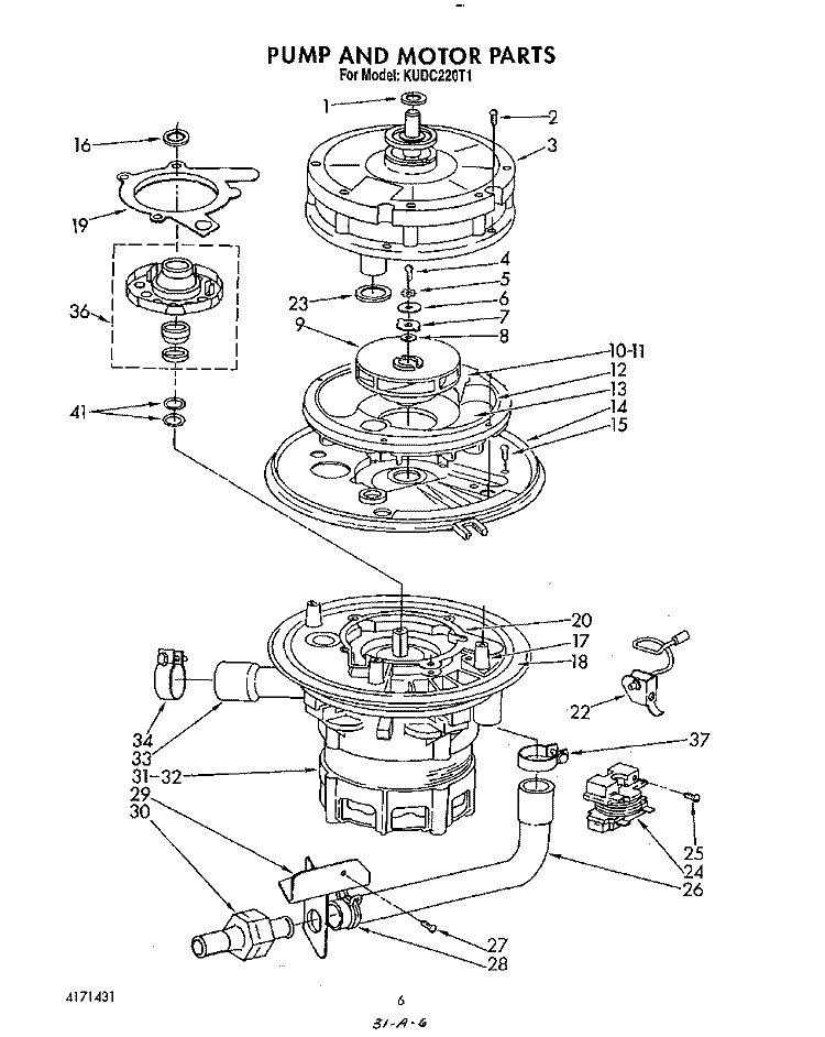 PUMP AND MOTOR Diagram and Parts List for KUDC220T1  KitchenAid Dishwasher