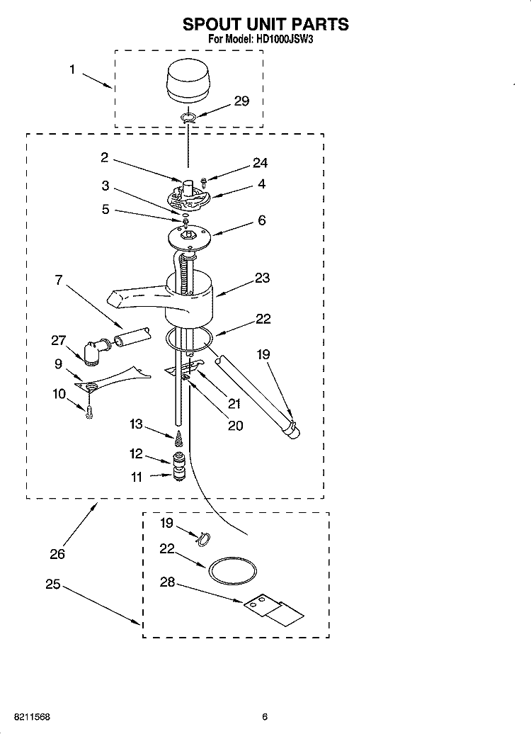SPOUT UNIT PARTS Diagram and Parts List for HD1000JSW3  Whirlpool Miscellaneous