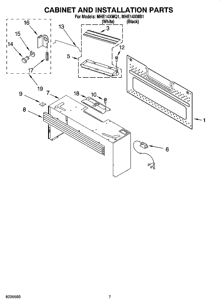 CABINET AND INSTALLATION PARTS Diagram and Parts List for MHE14XMB1  Roper Microwave