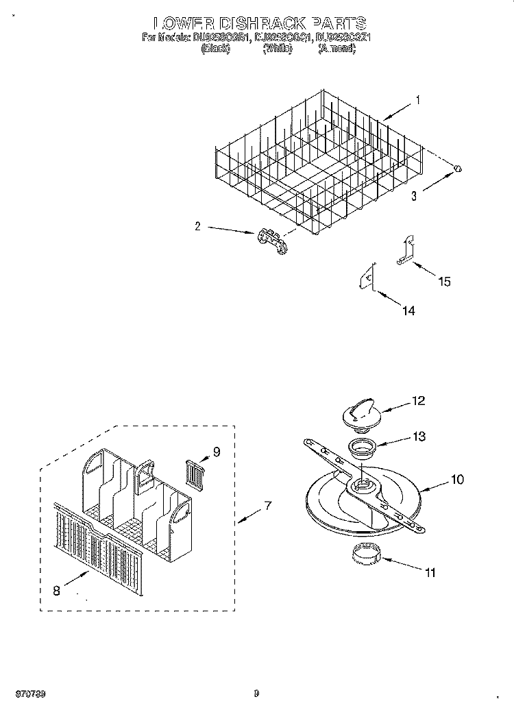 LOWER DISHRACK Diagram and Parts List for DU925SCGQ1  Whirlpool Dishwasher