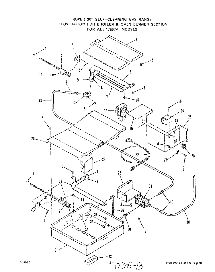 BROILER AND OVEN BURNER Diagram and Parts List for 1355W3A  Roper Range
