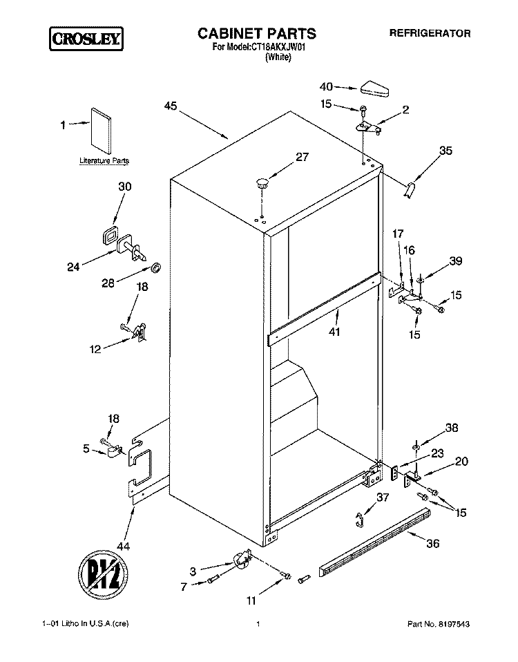 CABINET, LITERATURE Diagram and Parts List for CT18AKXJW01  Crosley Refrigerator