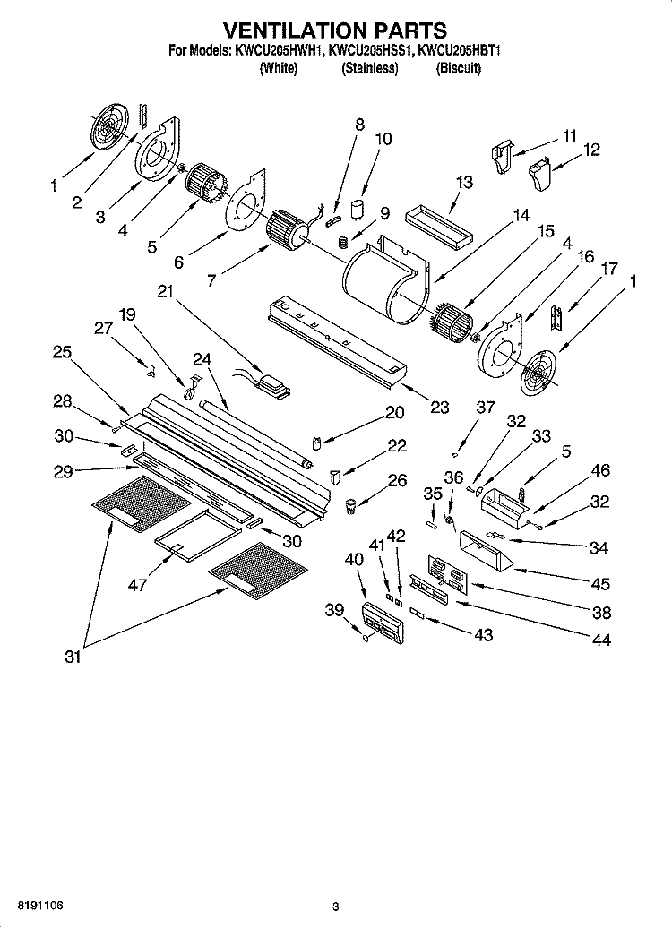 VENTILATION PARTS Diagram and Parts List for KWCU205HBT1  KitchenAid Range Hood