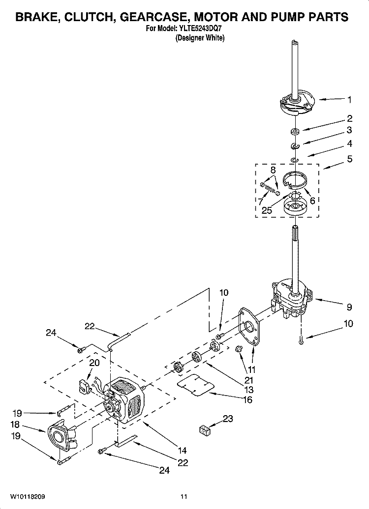 BRAKE, CLUTCH, GEARCASE, MOTOR AND PUMP PARTS Diagram and Parts List for YLTE5243DQ7  Whirlpool Washer Dryer Combo