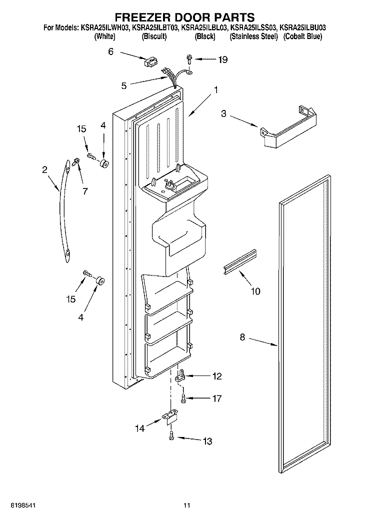 FREEZER DOOR PARTS Diagram and Parts List for KSRA25ILBT03  KitchenAid Refrigerator