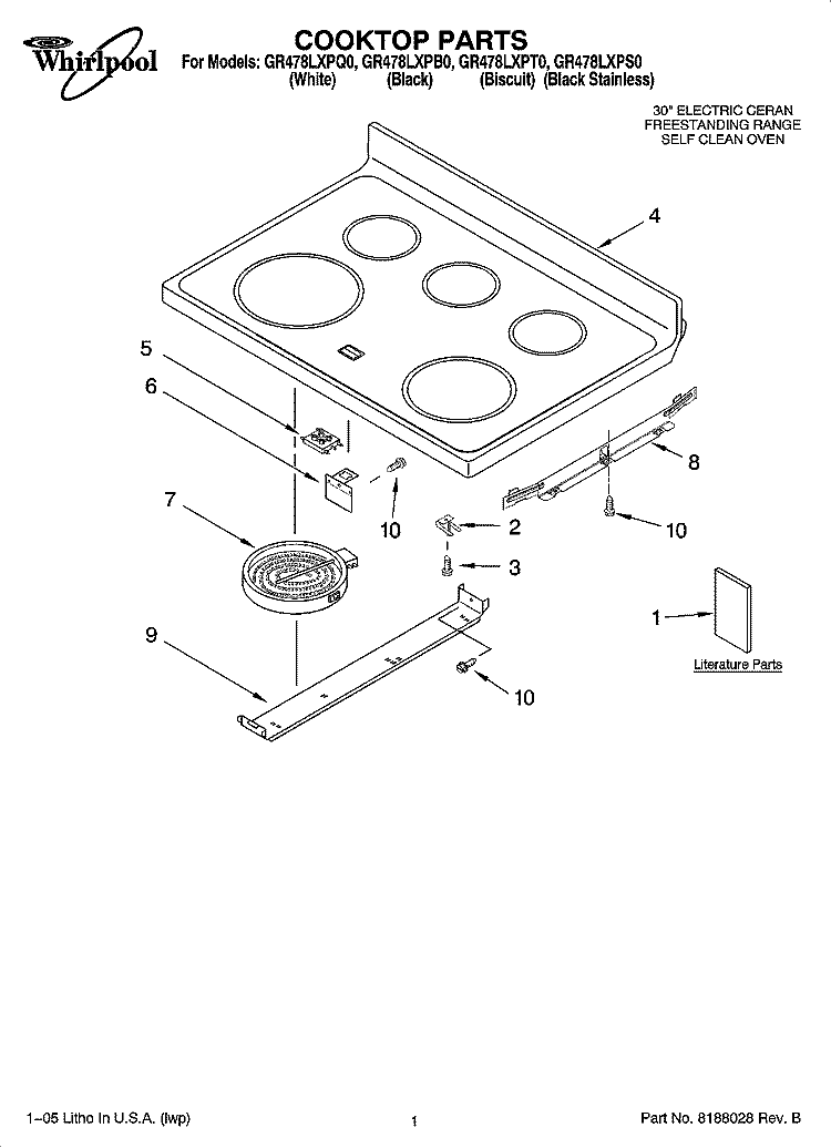 COOKTOP PARTS Diagram and Parts List for GR478LXPT0  Whirlpool Range