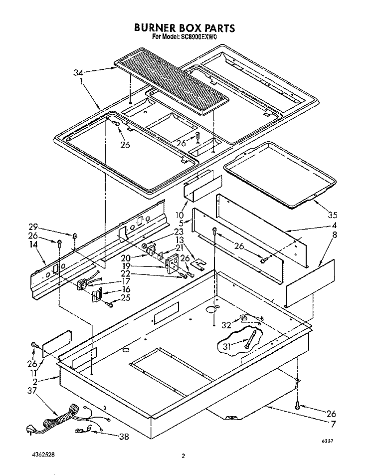 BURNER BOX Diagram and Parts List for SC8900EXW0  Whirlpool Cooktop