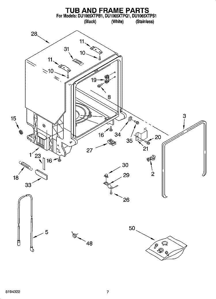 TUB AND FRAME PARTS Diagram and Parts List for DU1065XTPS1  Whirlpool Dishwasher