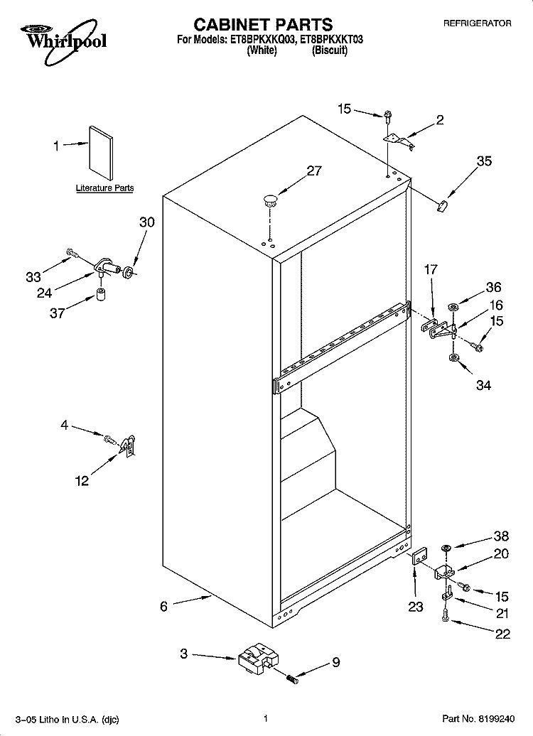 CABINET PARTS Diagram and Parts List for ET8BPKXKT03  Whirlpool Refrigerator