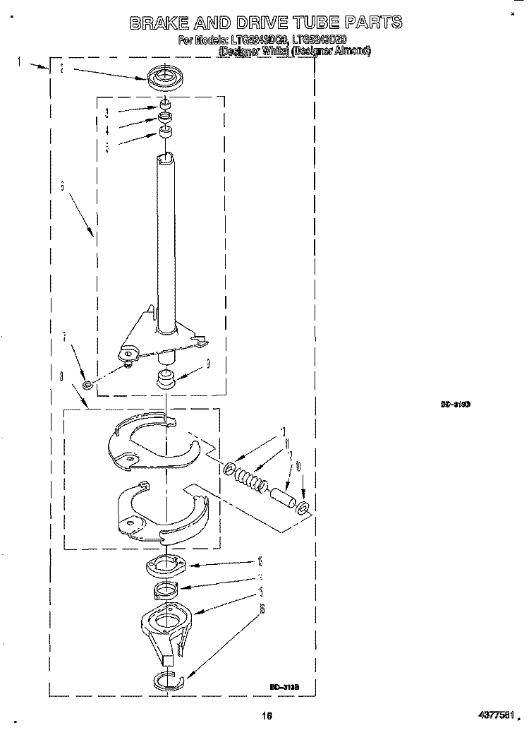 BRAKE AND DRIVE TUBE Diagram and Parts List for LTG5243DQ0  Whirlpool Washer Dryer Combo