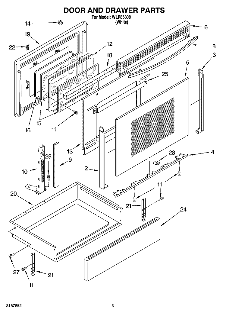 DOOR AND DRAWER PARTS Diagram and Parts List for WLP85800  Whirlpool Range