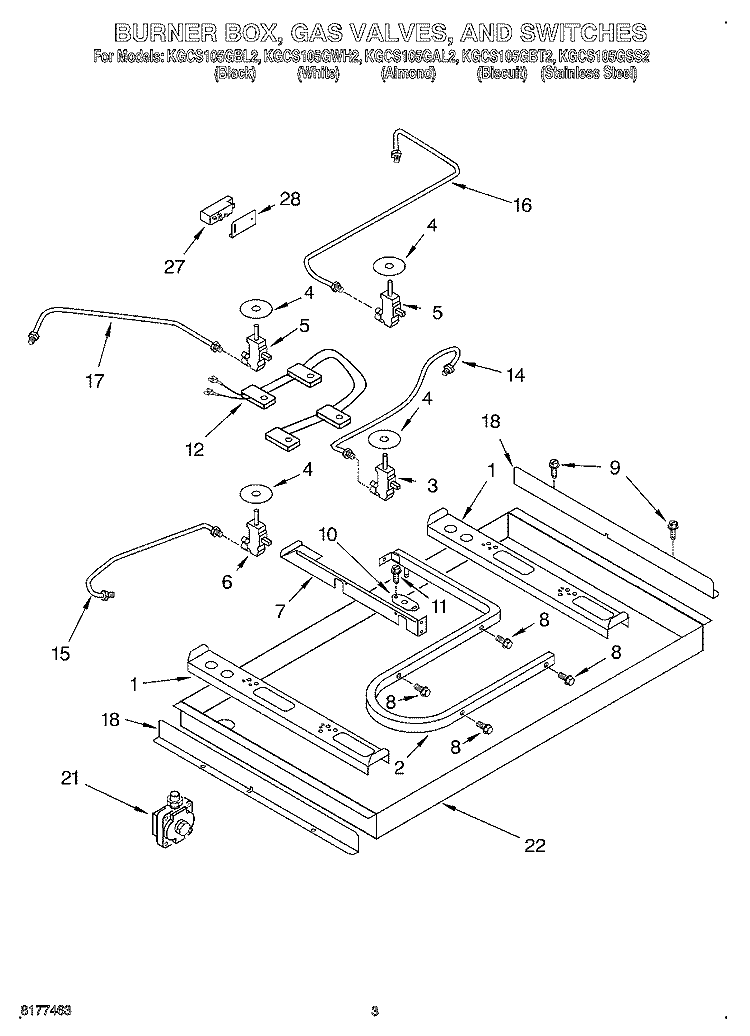 BURNER BOX, GAS VALVES, AND SWITCHES Diagram and Parts List for KGCS105GWH2  KitchenAid Cooktop