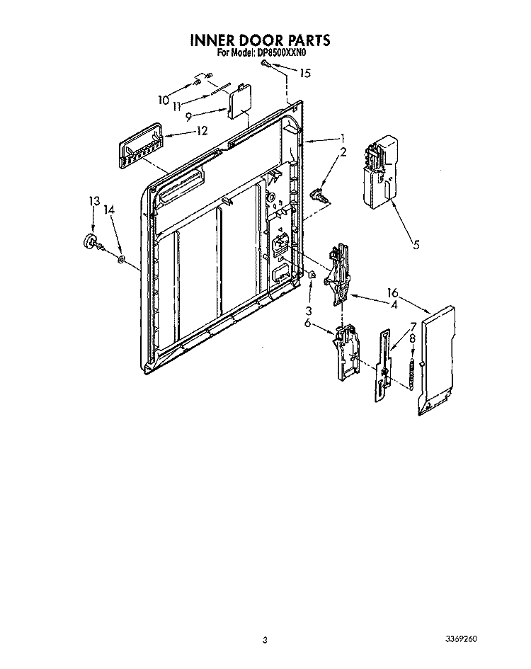 INNER DOOR Diagram and Parts List for DP8500XXN0  Whirlpool Dishwasher