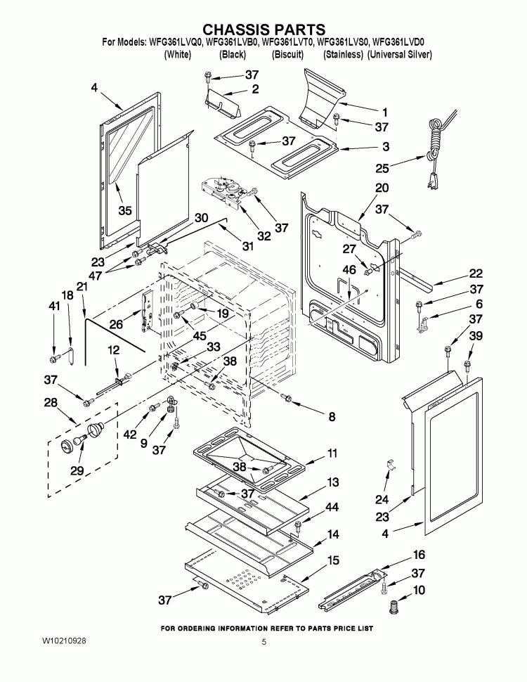 CHASSIS PARTS Diagram and Parts List for WFG361LVT0  Whirlpool Range